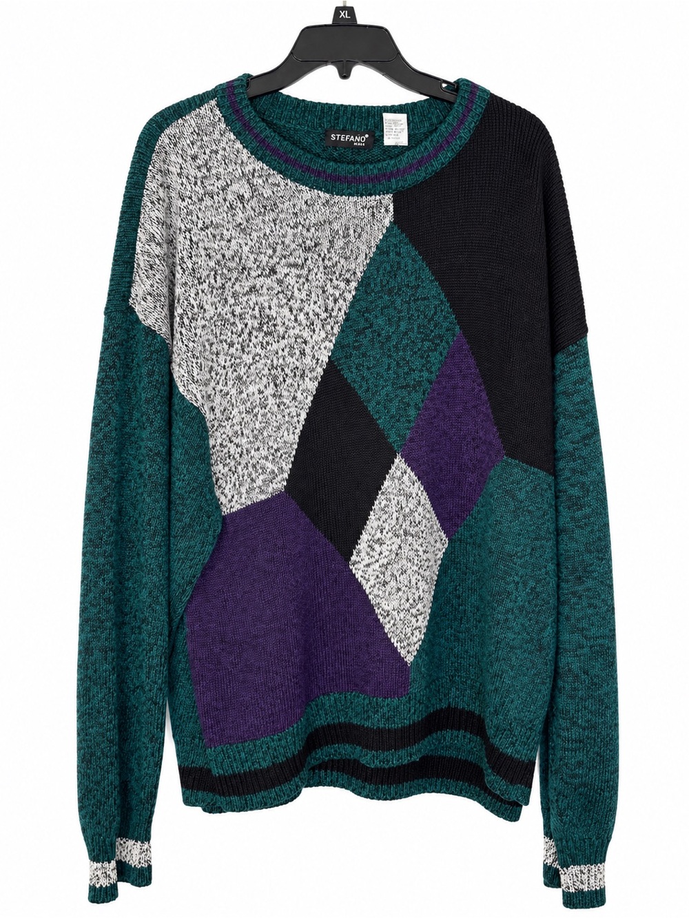 Vintage Stefano Man XL Argyle Colorblock Sweater 55% Ramie 90s Grandpa